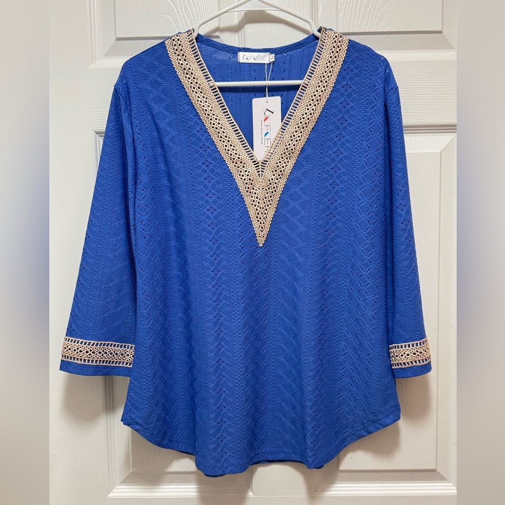 LOF Royal Blue Lace Tunic with Cream Accents